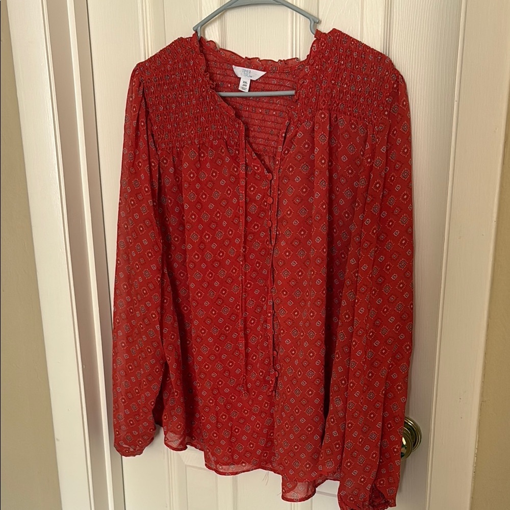 Time and Tru Orange Long Sleeve Mandarin Collar Blouse